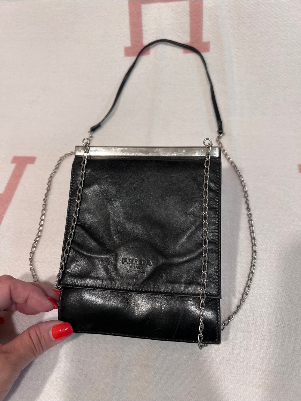 PRADA⭐️RARE VINTAGE Black Leather Chain-Strap Shoulder Bag! - Picture 6 of 14